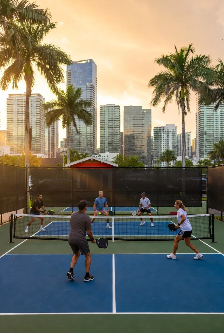 Pickleball on Miami blue court at golden hour